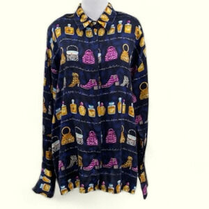 Vintage Michelle Nichole Button Up Shirt Womens Sz XL Blue Gold Silk Boot Purses